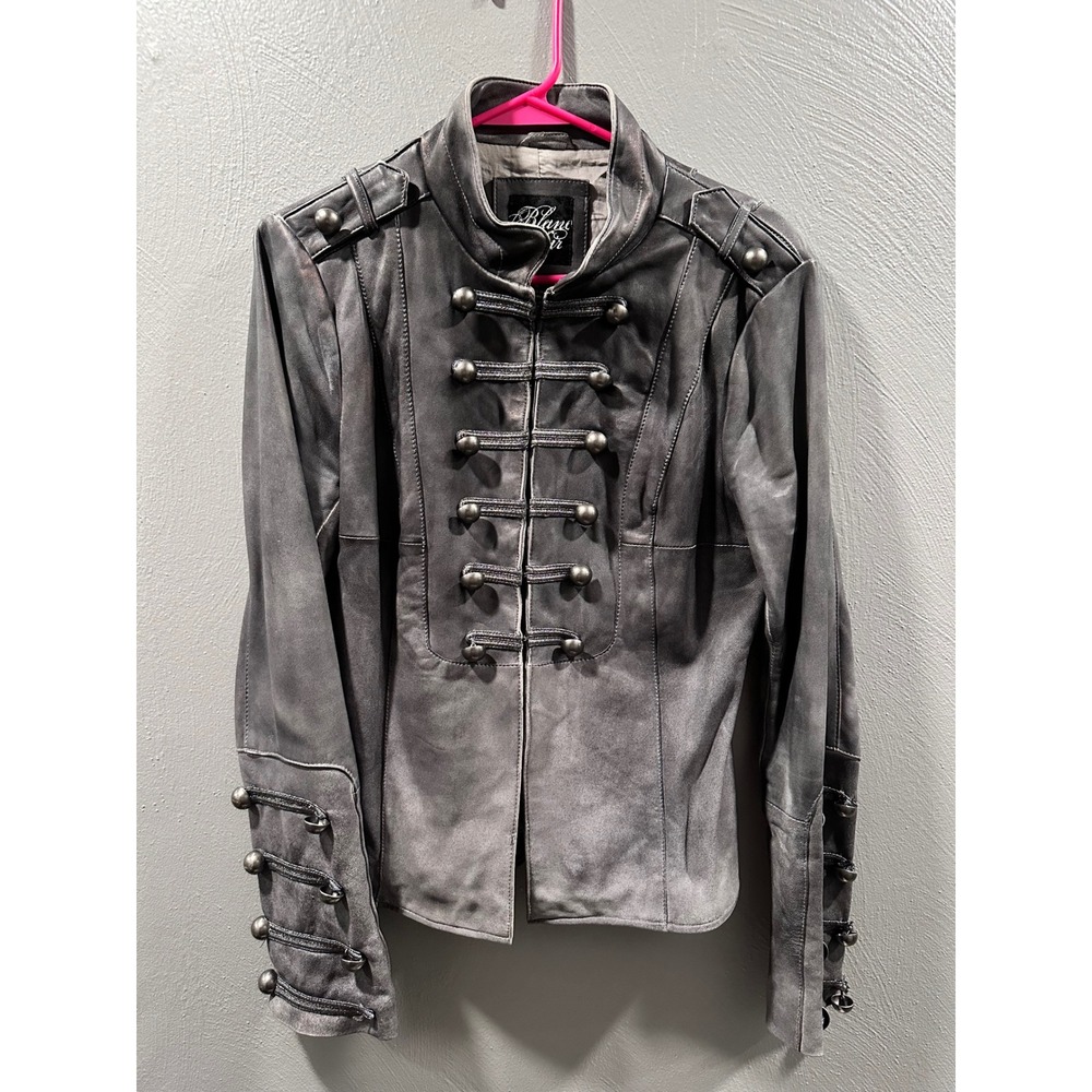 Blanc Noir Womens Grey Leather Military Jacket Silver Button Distressed Size M